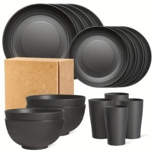 16-piece Unbreakable Plate Set, Shatterproof Dinnerware, Microwave and Dishwasher Safe, Reusable Tableware, Black Set Includes 8 Plates, 4 Bowls, 4 Cups